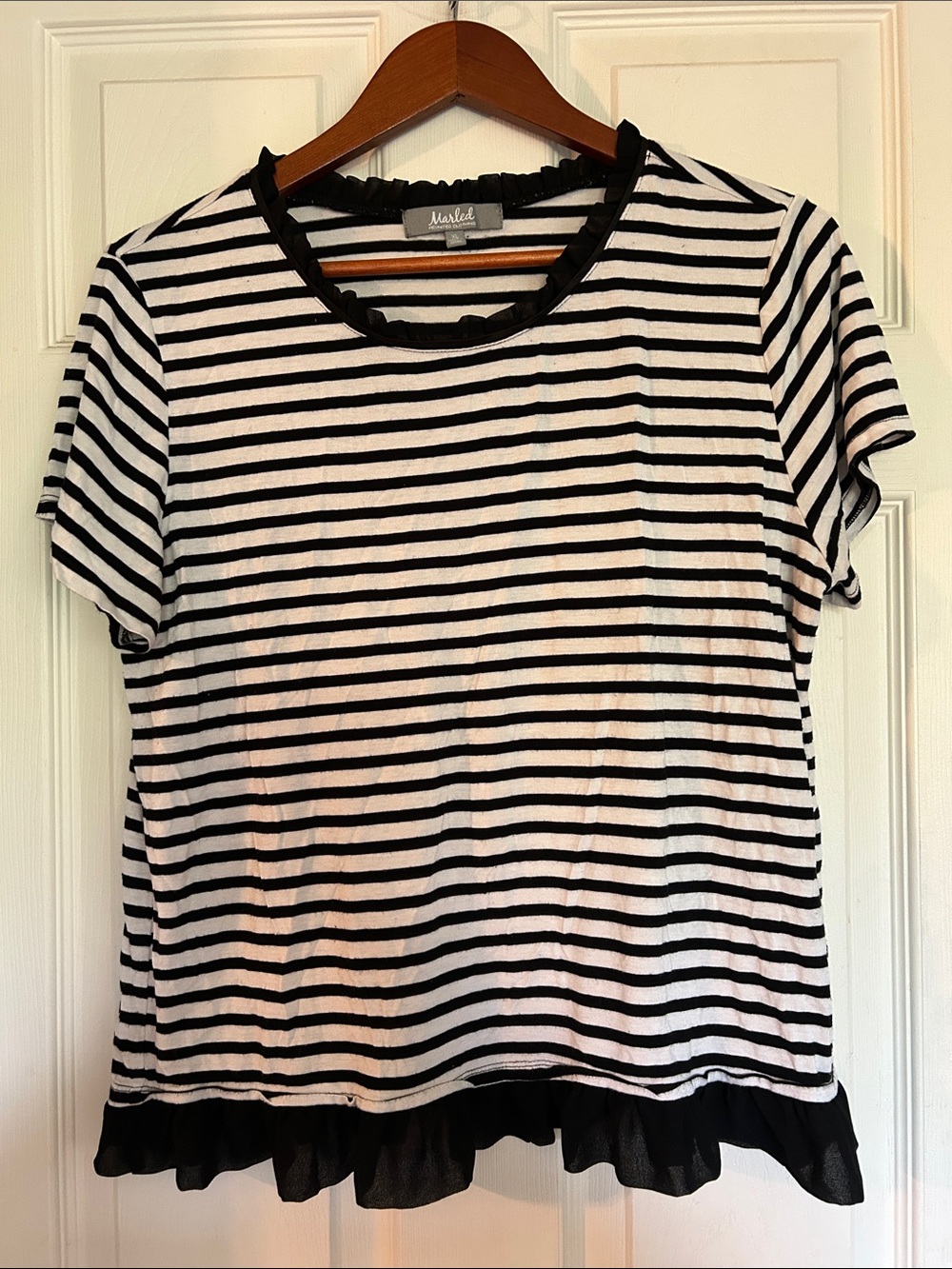 Striped Black & White Short Sleeve Tee with Ruffle Hem